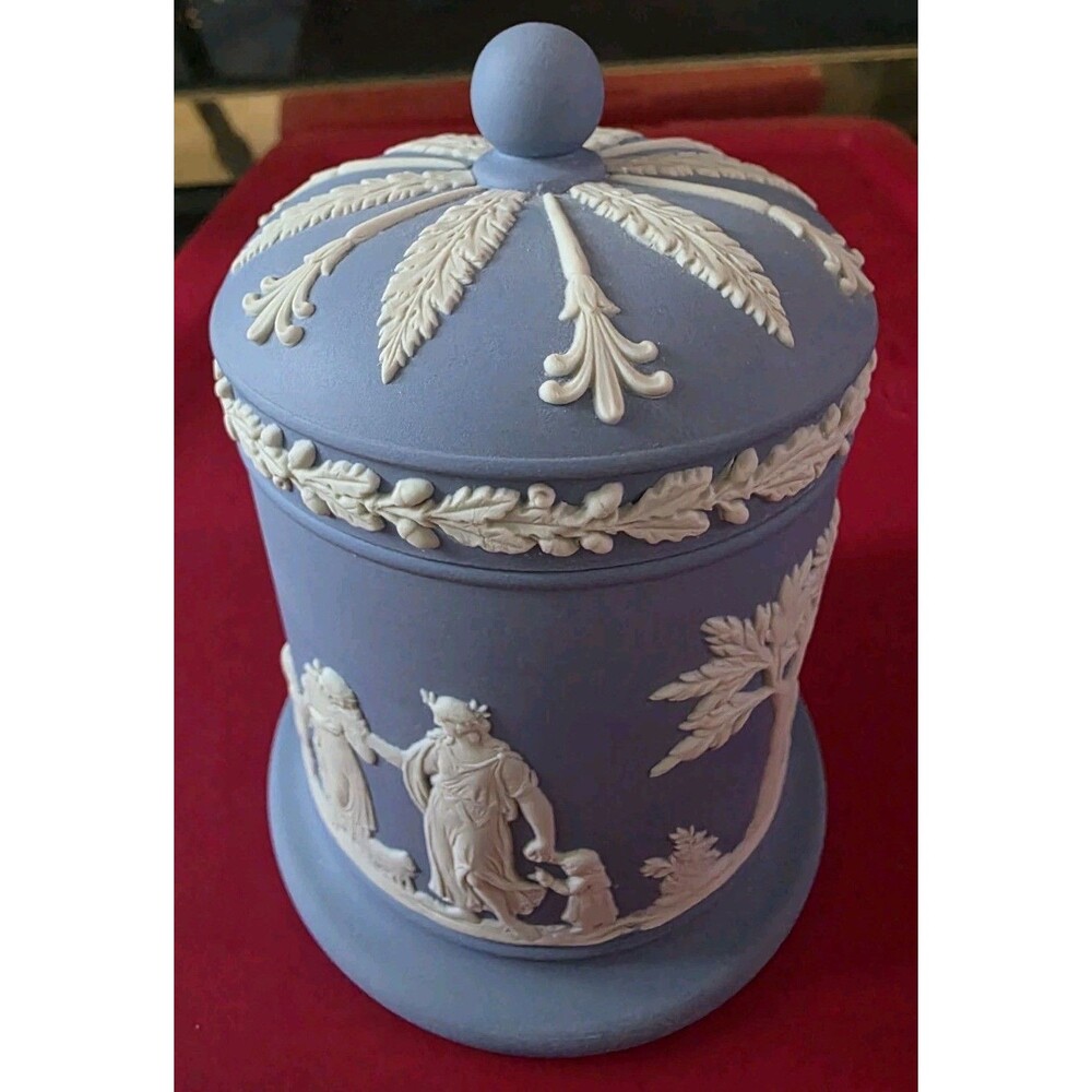 Wedgwood Jasperware Blue & White Tobacco Jar Candy Jar with Lid England Vintage